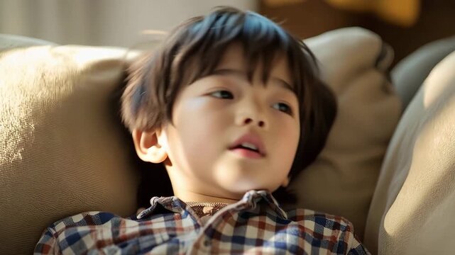 憂鬱そうな表情でベッドに寝転がる男の子