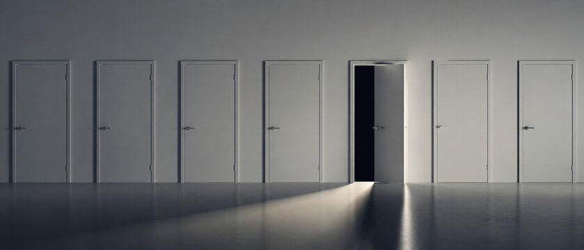 Photorealistic business concept showing a row of identical plain closed doors along a corridor with exactly one standing slightly ajar showing darkness inside. Visual metaphor for risk and.