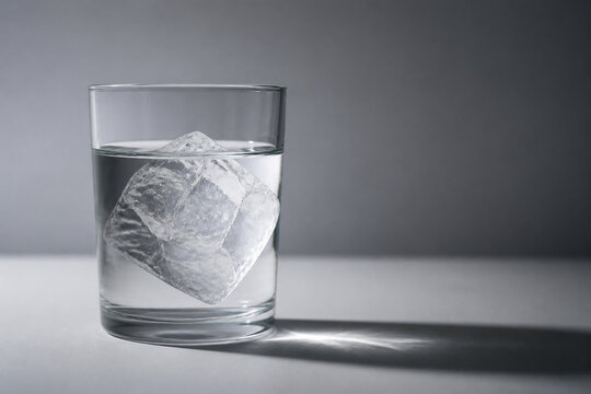 Photorealistic business concept showing a single ice cube in a clear glass of water photographed from the side, only a small tip above the waterline and the bulk of it below, plain background..