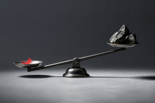 Photorealistic business concept showing a balance scale tipped fully to one side by a single very small object, the other pan holding several large ones, plain surface. Visual metaphor for risk.