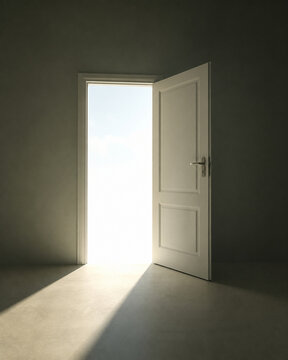Photorealistic business concept showing a plain door standing open in a dark bare room with bright daylight flooding through the opening, nothing else in frame. Visual metaphor for growth and.