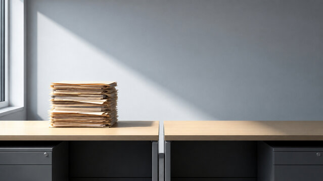 Photorealistic business concept showing two identical adjacent desks in an office, one piled with unmarked folders and the other completely bare, flat daylight, no people. Visual metaphor for.