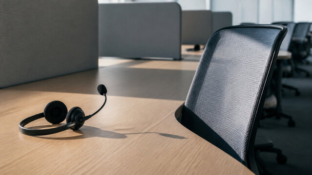 Photorealistic business concept showing a headset resting on an empty desk beside an empty chair in a call centre row, other desks out of focus behind, no people. Visual metaphor for people teams.