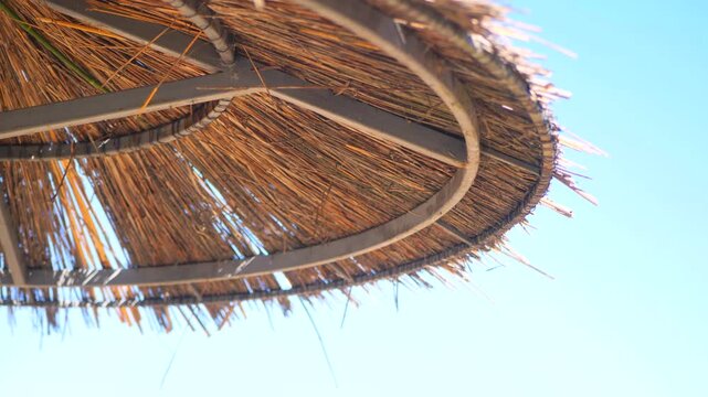 Cinematic Macro View Of A Traditional Straw Beach Parasol Under Brilliant Blue Sky. Intricate Thatched Fibers, Golden Sunlight And Gentle Breeze Create An Authentic Summer Atmosphere.