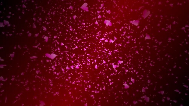 Pink heart shapes falling down or flying away on dark red background. Abstract background for Happy Valentine's day and wedding ceremony.