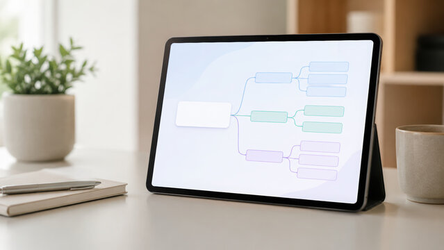 Tablet digital device interactive course design high fidelity workspace modern blank screen mind map calm mood