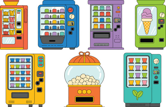 Flat vector illustration set of colorful vending machines with different snacks drinks coffee ice cream popcorn and chips snacks dispensers
