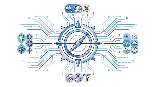 Healthcare navigation compass and digital network symbols in isometric professional medical style
