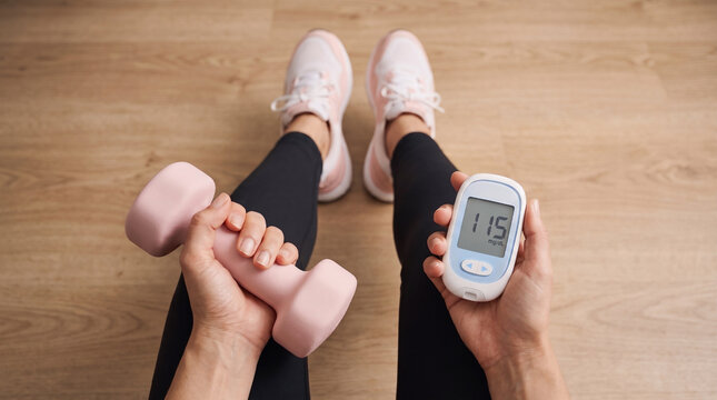 Female hands holding pink weight and glucose meter showing normal sugar level. Concept of exercise and diabetes management.