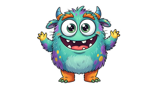 A cute and friendly colorful furry monster with big eyes and horns standing in a happy pose isolated on transparent background