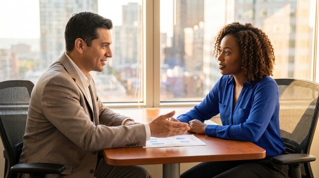 Male manager discusses measurable career objectives with a female employee over printed reports, offering constructive direction during a focused review in a sunlit urban loft executive office