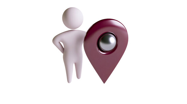 White 3D figure holding a maroon location pin with silver center, isolated on transparent background