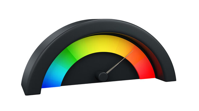 Black semicircular gauge with rainbow color scale and needle, isolated on transparent background