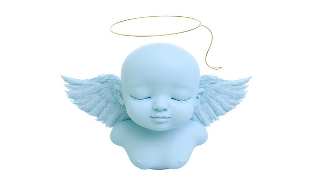 Serene baby angel bust with feathered wings and golden halo, isolated on transparent background