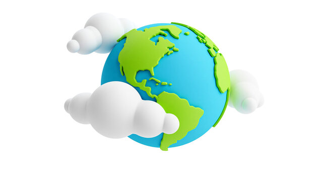 Stylized cartoon Earth globe with fluffy white clouds, isolated on transparent background