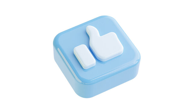 Blue square button with white thumb up and rectangle icon, isolated on transparent background