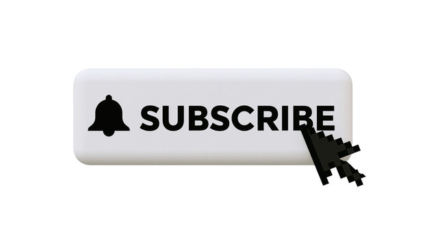 White subscribe button with bell icon and black pixelated cursor, isolated on transparent background
