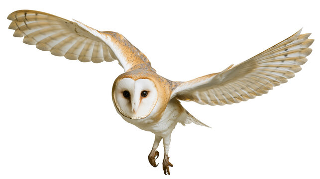 Barn owl with outstretched wings flying, isolated on transparent background