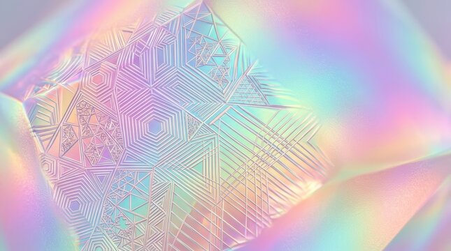 Holographic geometric pattern on iridescent foil surface shimmering with soft pastel rainbow colors