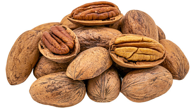 Pile of whole and cracked brown pecans, isolated on transparent background