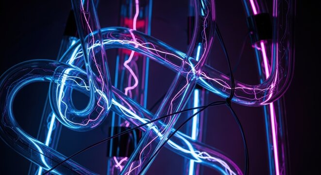 Glowing neon glass tubes with tangled blue and purple electric plasma arcs in dark environment