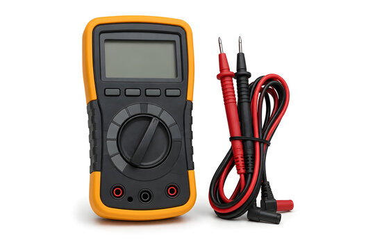 Professional digital laboratory multimeter with neatly arranged test leads, isolated on white background, featuring a blank display and precision measurement design.