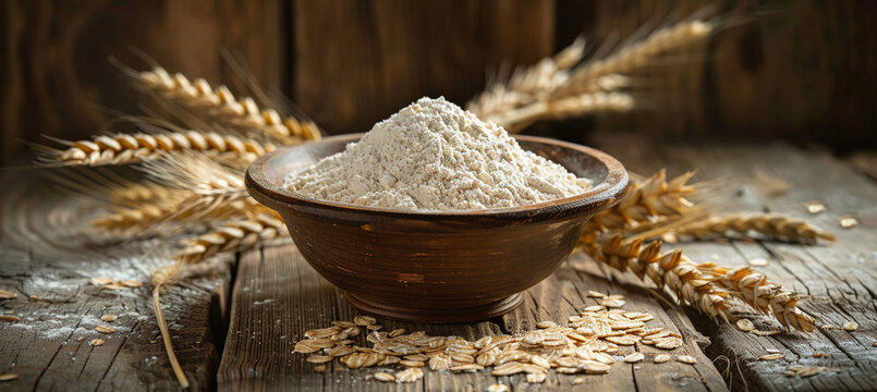A rustic wooden bowl filled with fine wheat flour, scientifically known as Triticum aestivum, surrounded by dry ears of wheat and scattered grains on an old rustic wooden table for a warm composition
