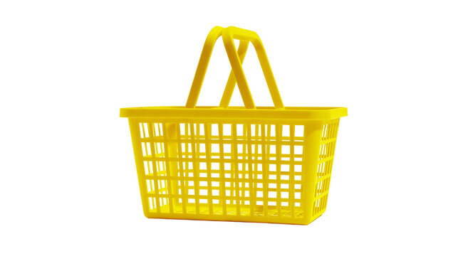 Bright yellow plastic shopping basket with two handles, isolated on transparent background