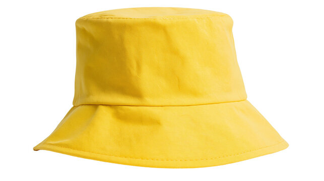 Bright yellow bucket hat with a flat top and wide brim, isolated on transparent background
