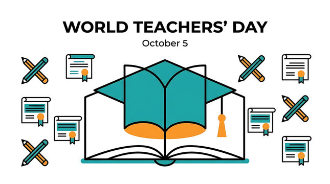 World teachers day celebration banner with open book graduation cap and pencils illustration