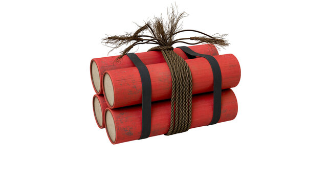 Bundle of red dynamite sticks with black straps and rope, isolated on transparent background