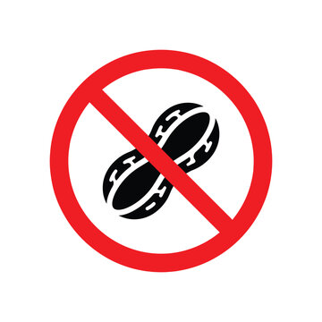 No peanuts allergy prohibition sign vector illustration. Black peanut graphic inside a red crossed circle symbol isolated on white background.