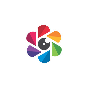 Colorful camera lens flower logo icon concept vector illustration isolated on white