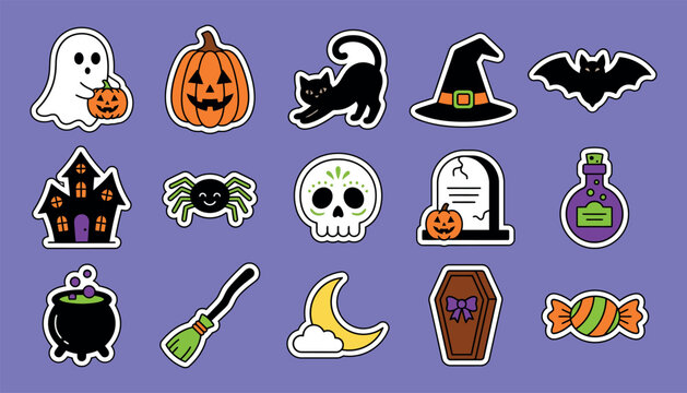 Set of cute halloween stickers with ghost pumpkin cat and witch hat