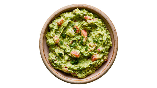 Creamy avocado guacamole with diced tomatoes and cilantro, isolated on transparent background