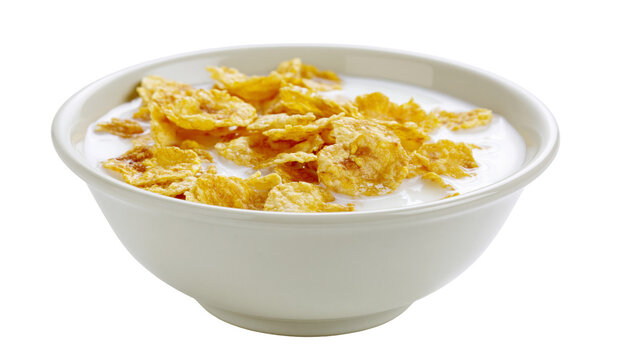 Crispy golden corn flakes floating in creamy white milk, isolated on transparent background