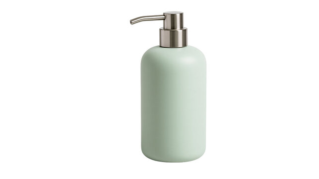 Matte pastel green soap dispenser with brushed metal pump, isolated on transparent background