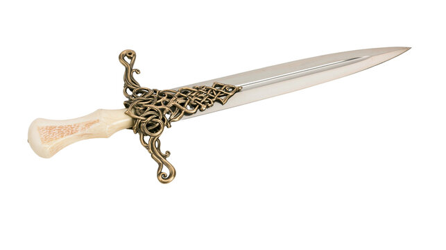 Ornate antique dagger with intricate metalwork and bone handle, isolated on transparent background