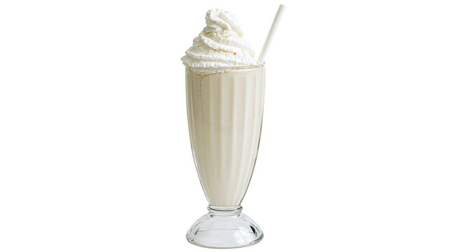 Creamy vanilla milkshake with whipped cream topping and straw, isolated on transparent background