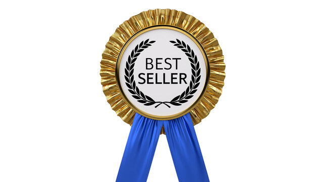 Golden best seller award rosette with blue ribbons, isolated on transparent background