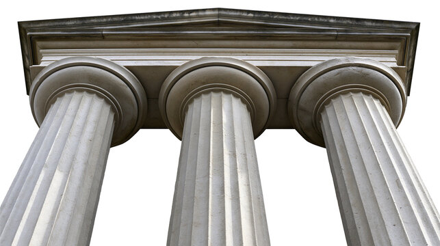 Three fluted Doric columns supporting a stone entablature, isolated on transparent background
