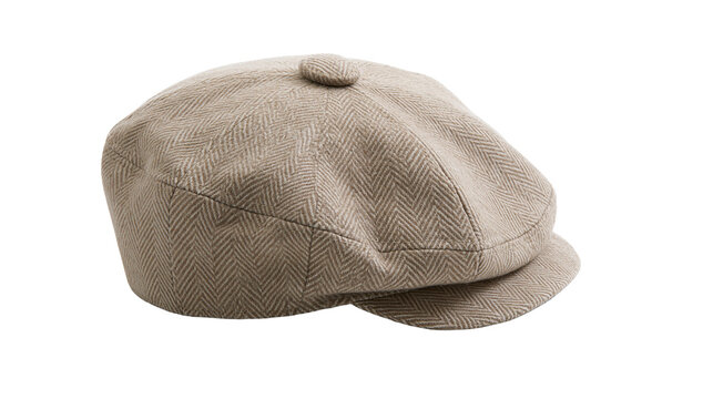 Textured herringbone flat cap with button detail, isolated on transparent background
