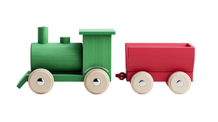 Green wooden toy train engine with red cargo car, isolated on transparent background © Niamh