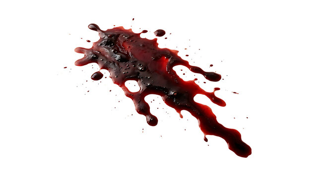 A realistic dark red blood splatter with drips and droplets showing a violent impact effect isolated on transparent background