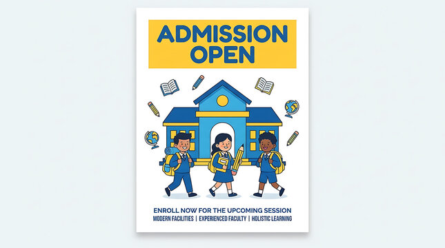 Admission open vector banner with school building and children students walking with backpacks