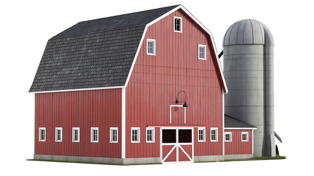 Classic red barn with gambrel roof and concrete silo, isolated on transparent background