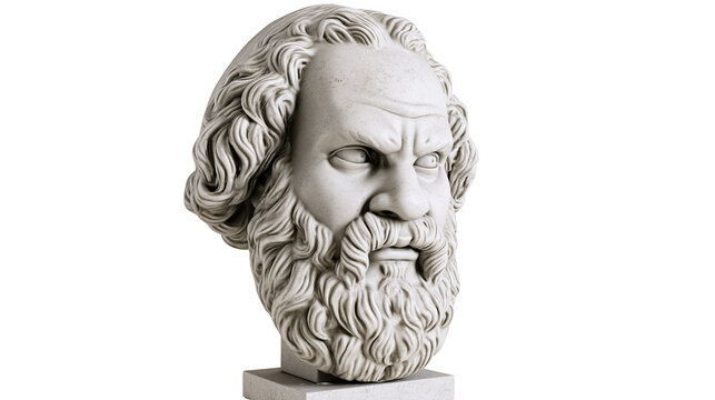 Ancient Greek marble bust of Socrates with detailed beard and hair, isolated on transparent background