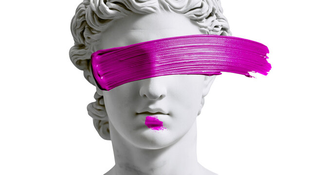 White marble bust with vibrant magenta paint stroke across eyes, isolated on transparent background