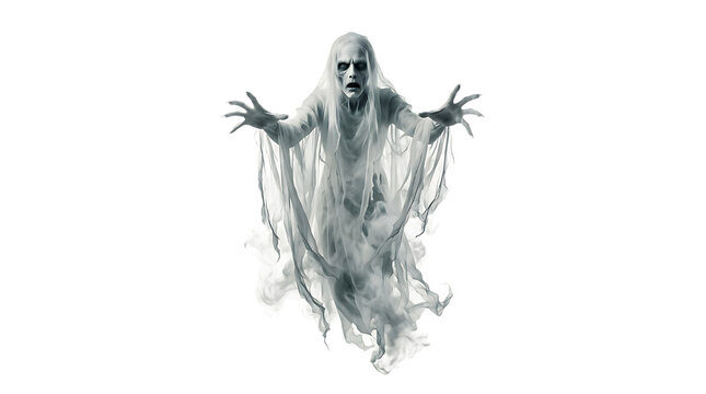 A terrifying ghostly woman with long white hair and tattered clothes reaching out towards the viewer isolated on transparent background