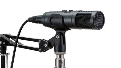 Black directional microphone on adjustable boom arm, isolated on transparent background © Niamh
